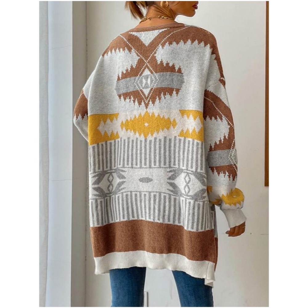 White Brown Tribal Print Open Front Oversized Cardigan - Picture 6 of 6